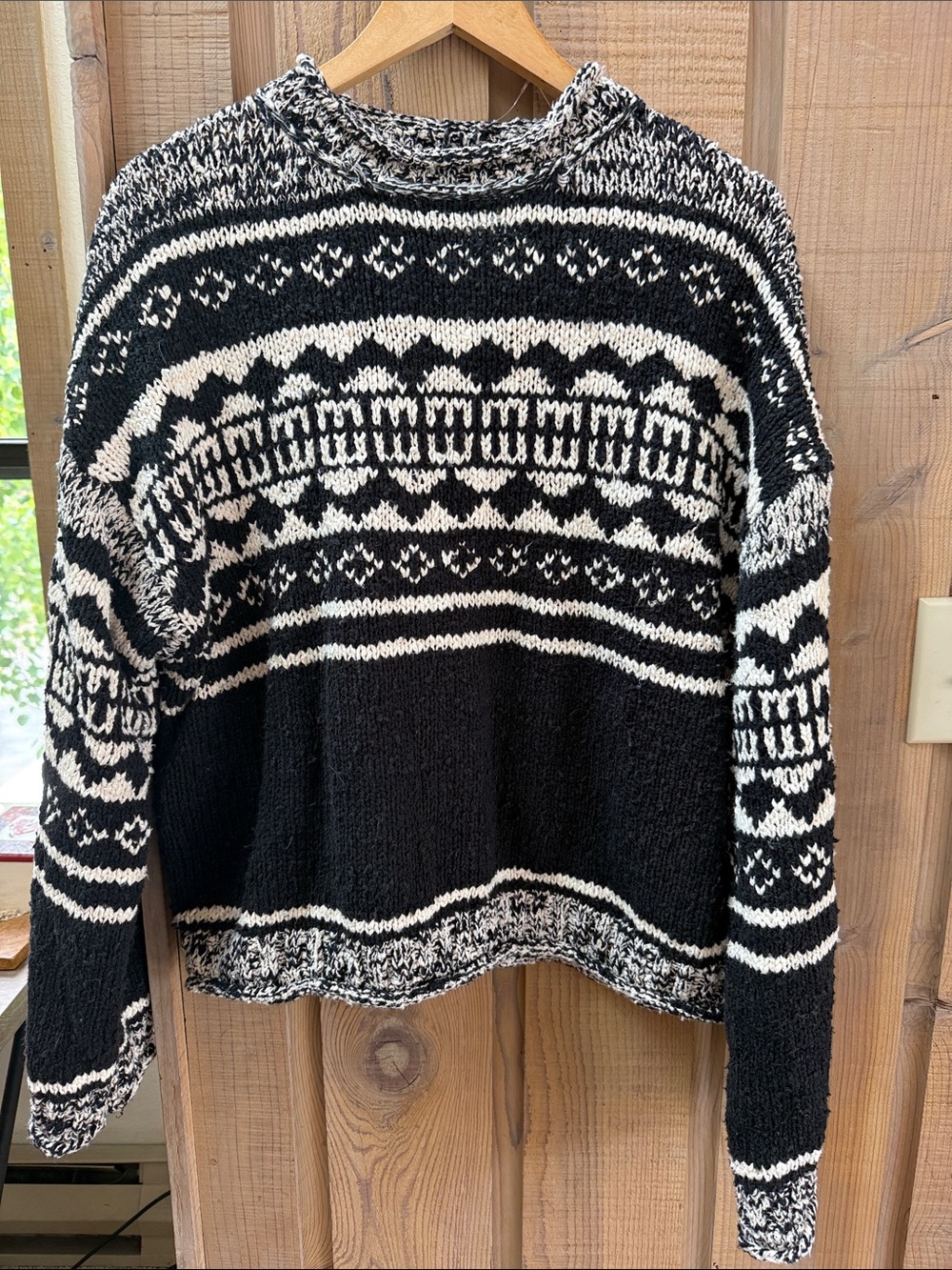 Free People Black and Cream Fair Isle Crewneck Sweater